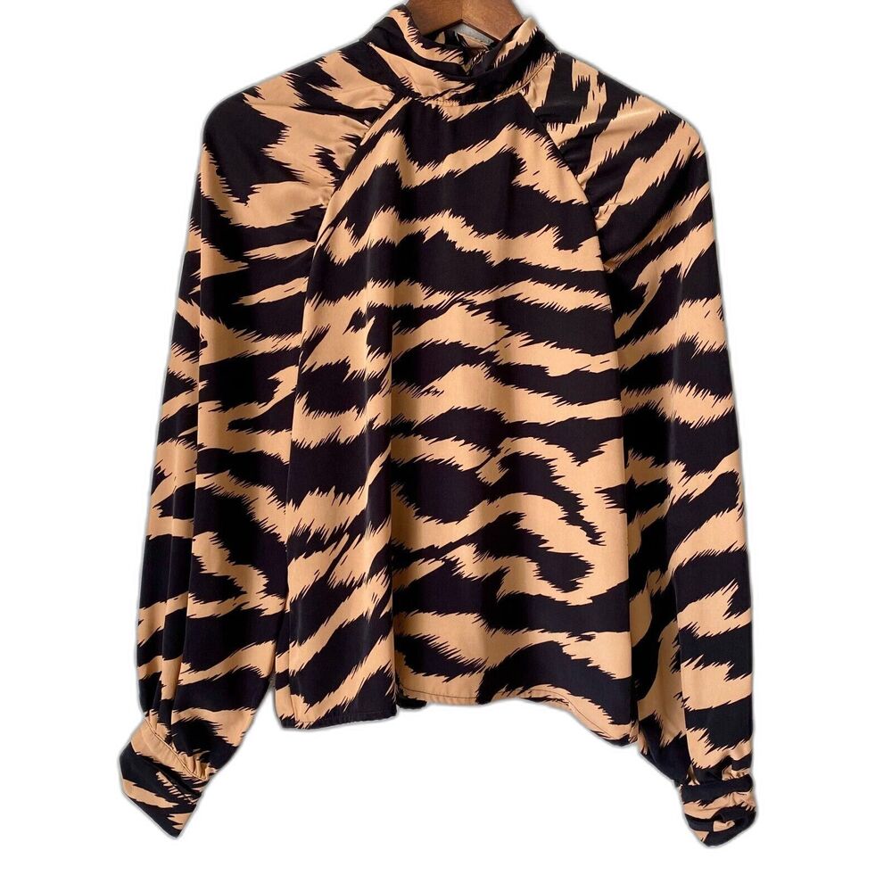 Vero Moda Women's Blouse Animal Print Black Tan Chic Satin Small NWOT